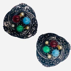 Signed ART ( Art-Mode) Heraldic Style Jeweled Earrings